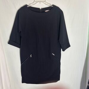 Gap Black Textured Shift Dress 3/4 Sleeve Zipper Pockets Womens XS